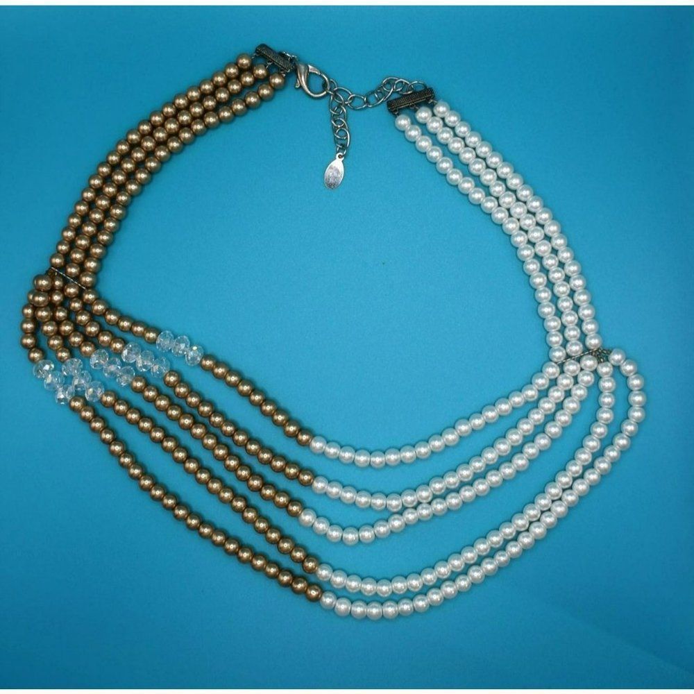 Vintage Crystal & Glass Beaded Collar Necklace‎ Layered Multi Strand Silver Tone